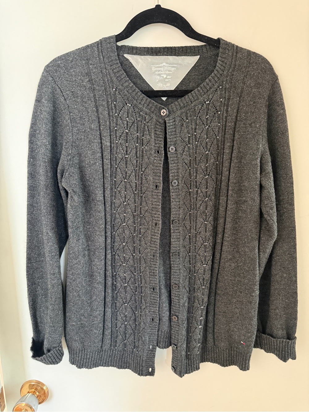 Tommy Hilfiger Grey Angora Blend Cable Knit Cardigan L Embellished